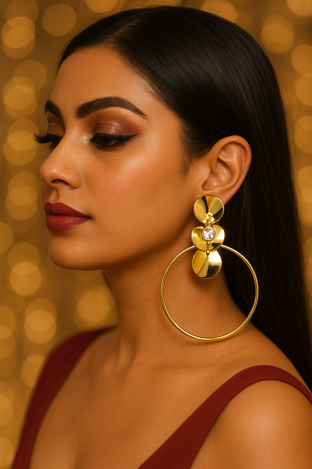 Bold Textured Gold Disc Earrings with Crystal Drop – Statement Fashion Jewelry