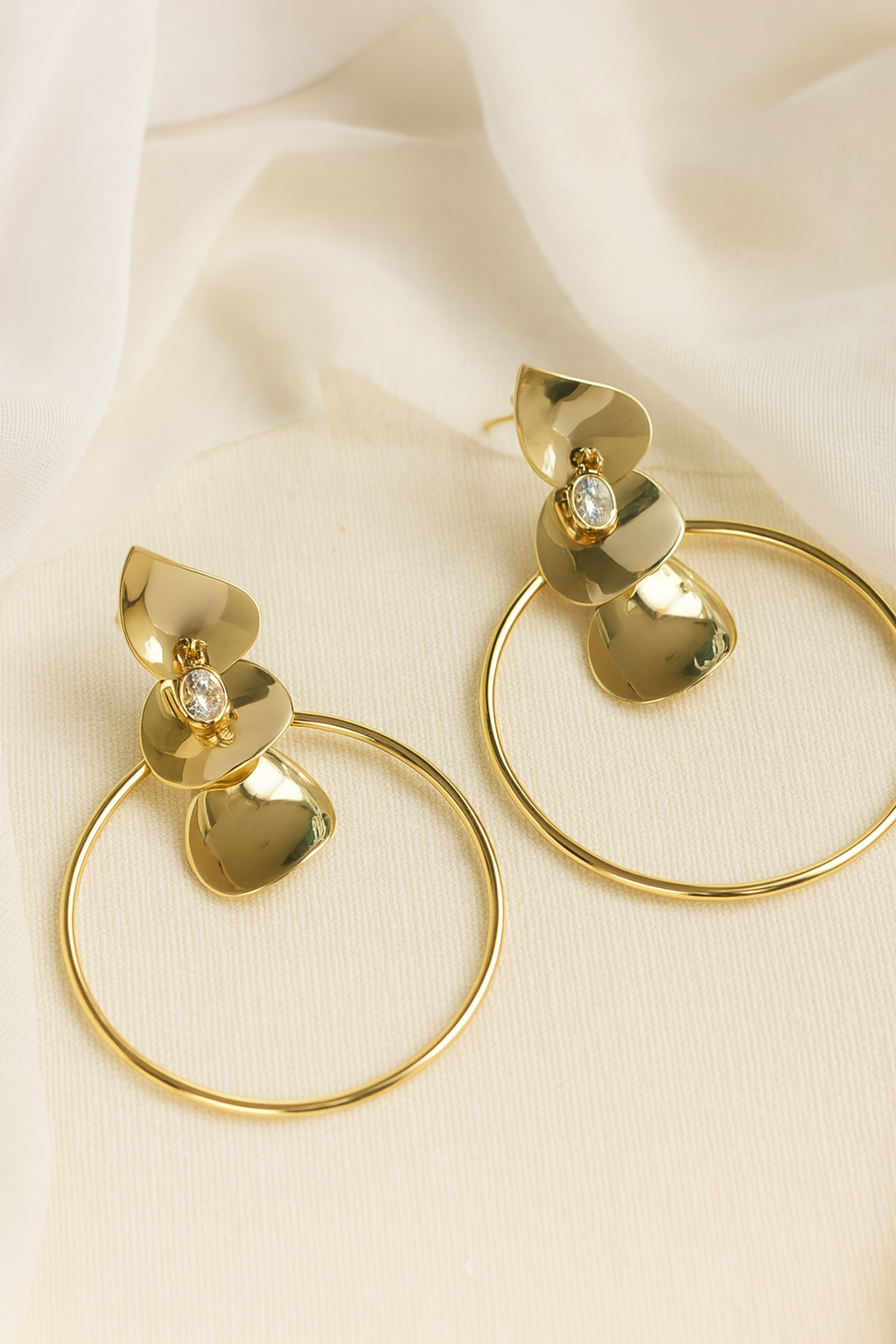 Bold Textured Gold Disc Earrings with Crystal Drop – Statement Fashion Jewelry