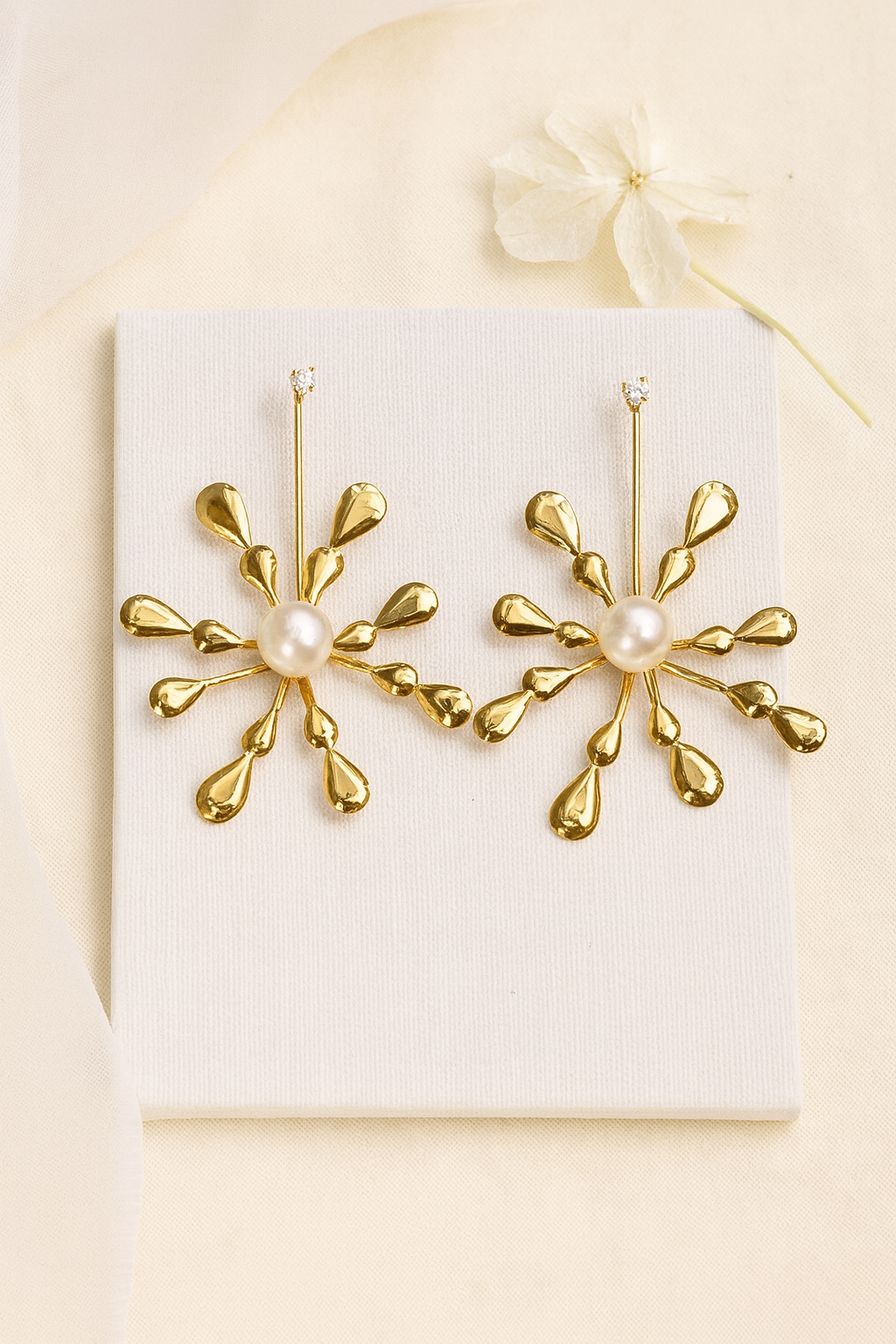 Golden Pearl Burst Statement Earrings | Anti-Tarnish Fashion Jewelry