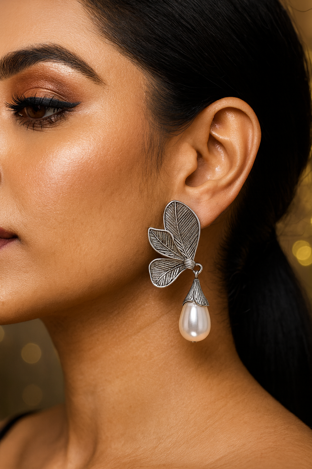 Leaf Motif Pearl Drop Earrings – Botanical Inspired Anti-Tarnish Design
