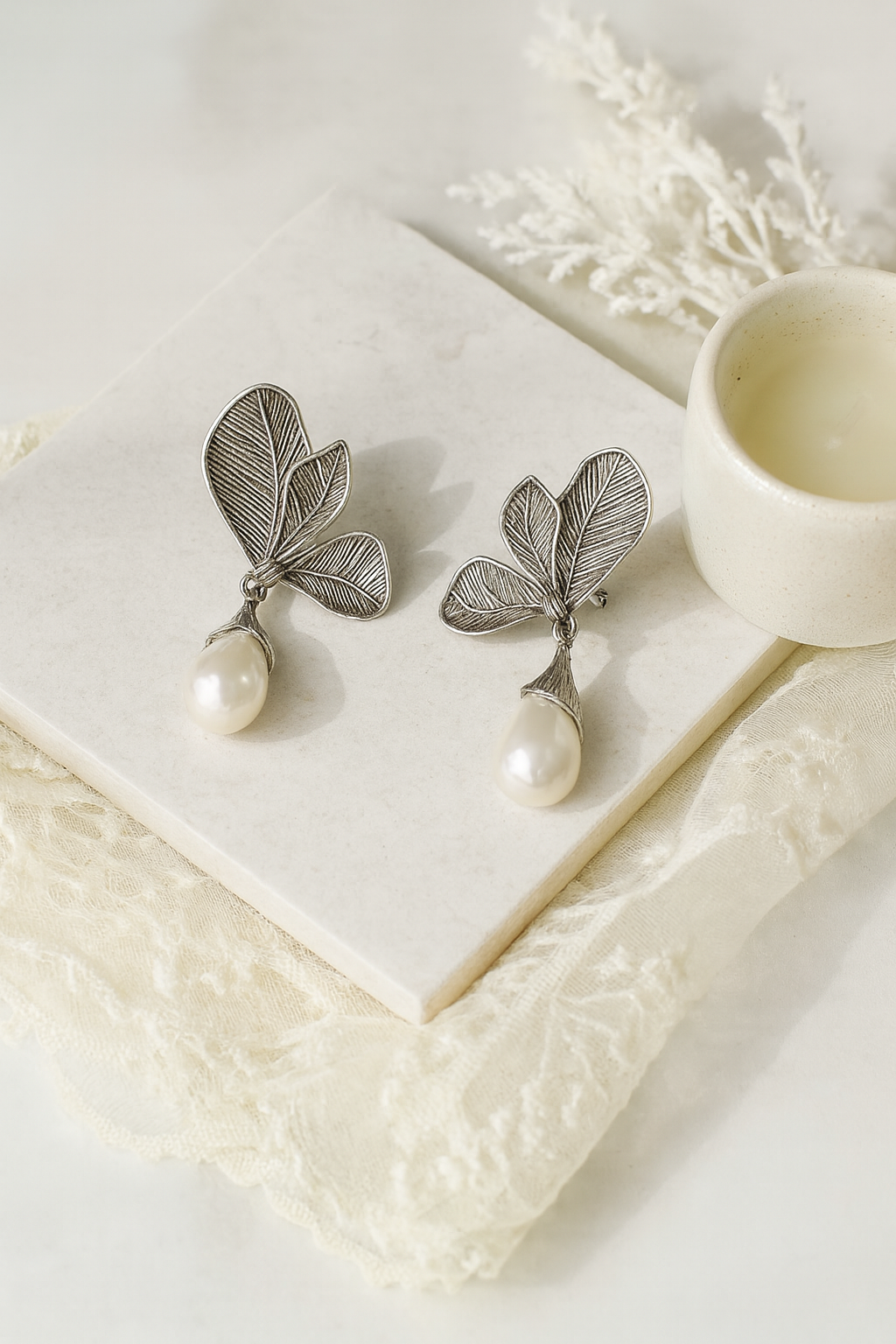 Leaf Motif Pearl Drop Earrings – Botanical Inspired Anti-Tarnish Design