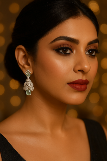 Floral Drop Earrings with Mint Green Gemstone & Pave CZ – Designer Statement Jewelry