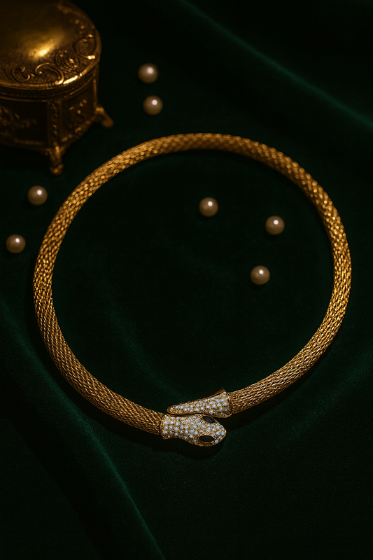 Crystal-Studded Panther Head Mesh Choker Necklace