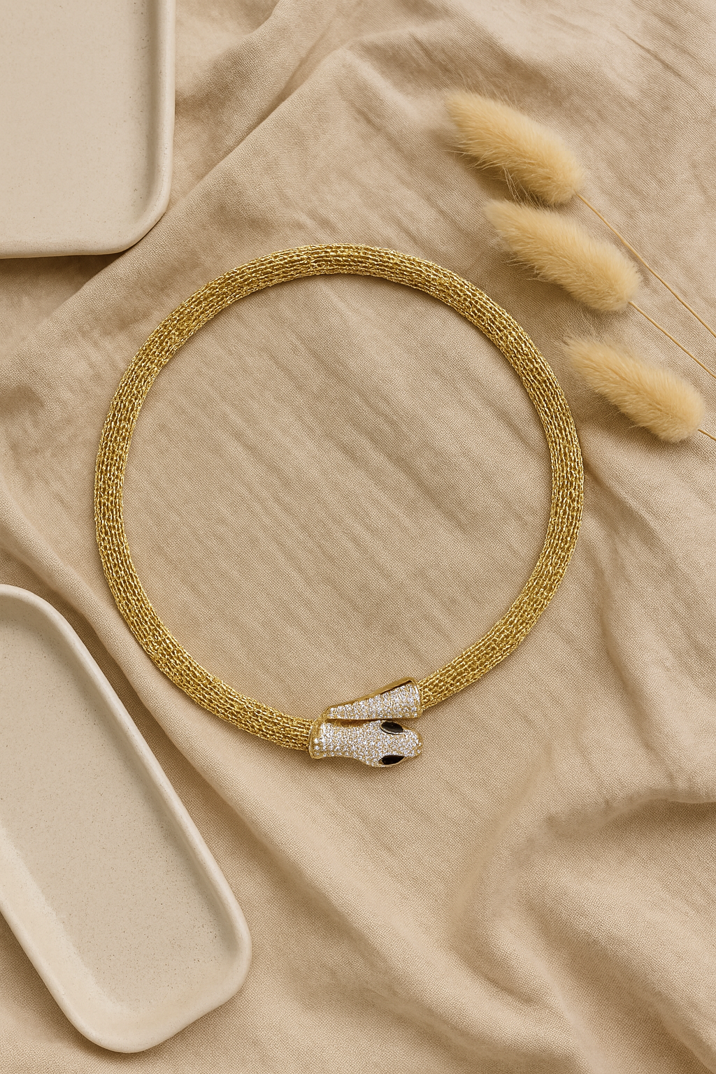 Crystal-Studded Panther Head Mesh Choker Necklace