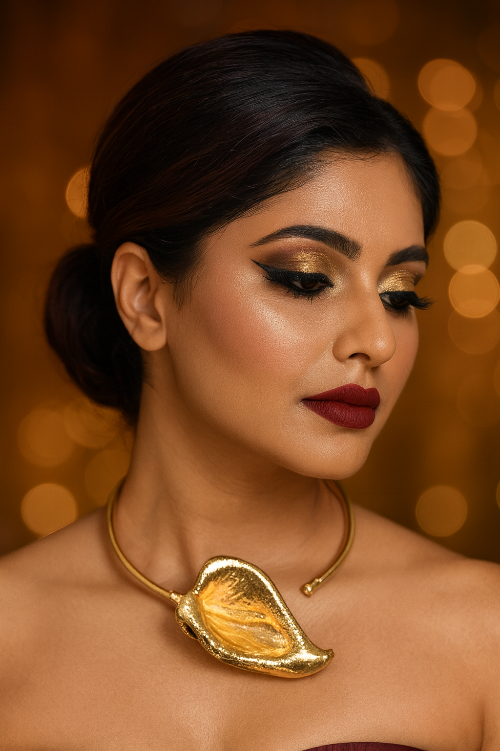 Golden Choker Necklace with Taro Plant Flower Design – Contemporary Statement Jewelry