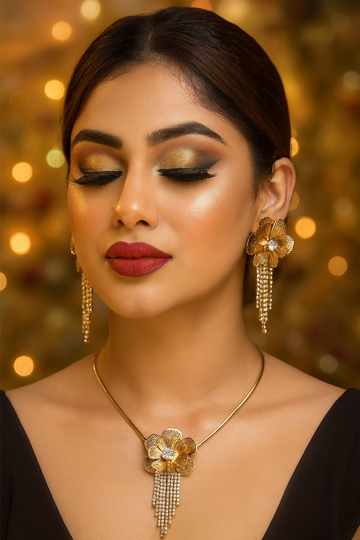 Statement Floral Necklace Set with Rhinestone Tassels