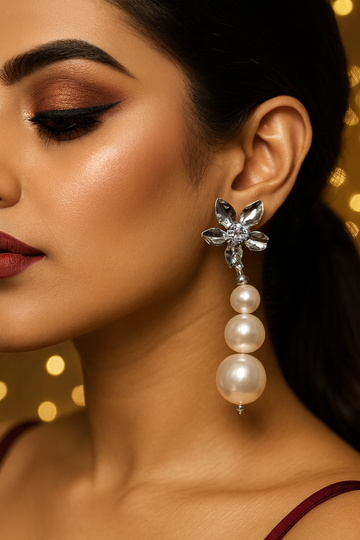 Silver Crystal Flower & Pearl Dangle Earrings – Elegant Anti-Tarnish Wedding Jewelry