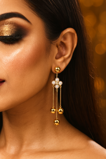 Pearl & Gold Stick Drop Earrings with Floral Cluster – Elegant Anti-Tarnish Jewelry