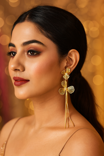 Floral Gold Wire Drop Earrings with Crystal Center – Lightweight Anti-Tarnish Design