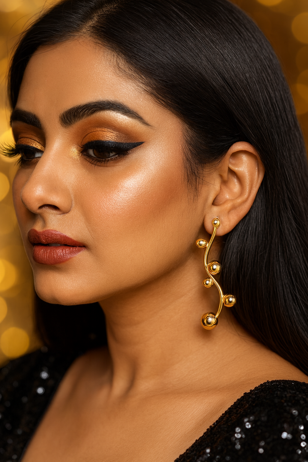 Elegant Curved Gold Ball Drop Earrings – Anti-Tarnish Statement Jewelry