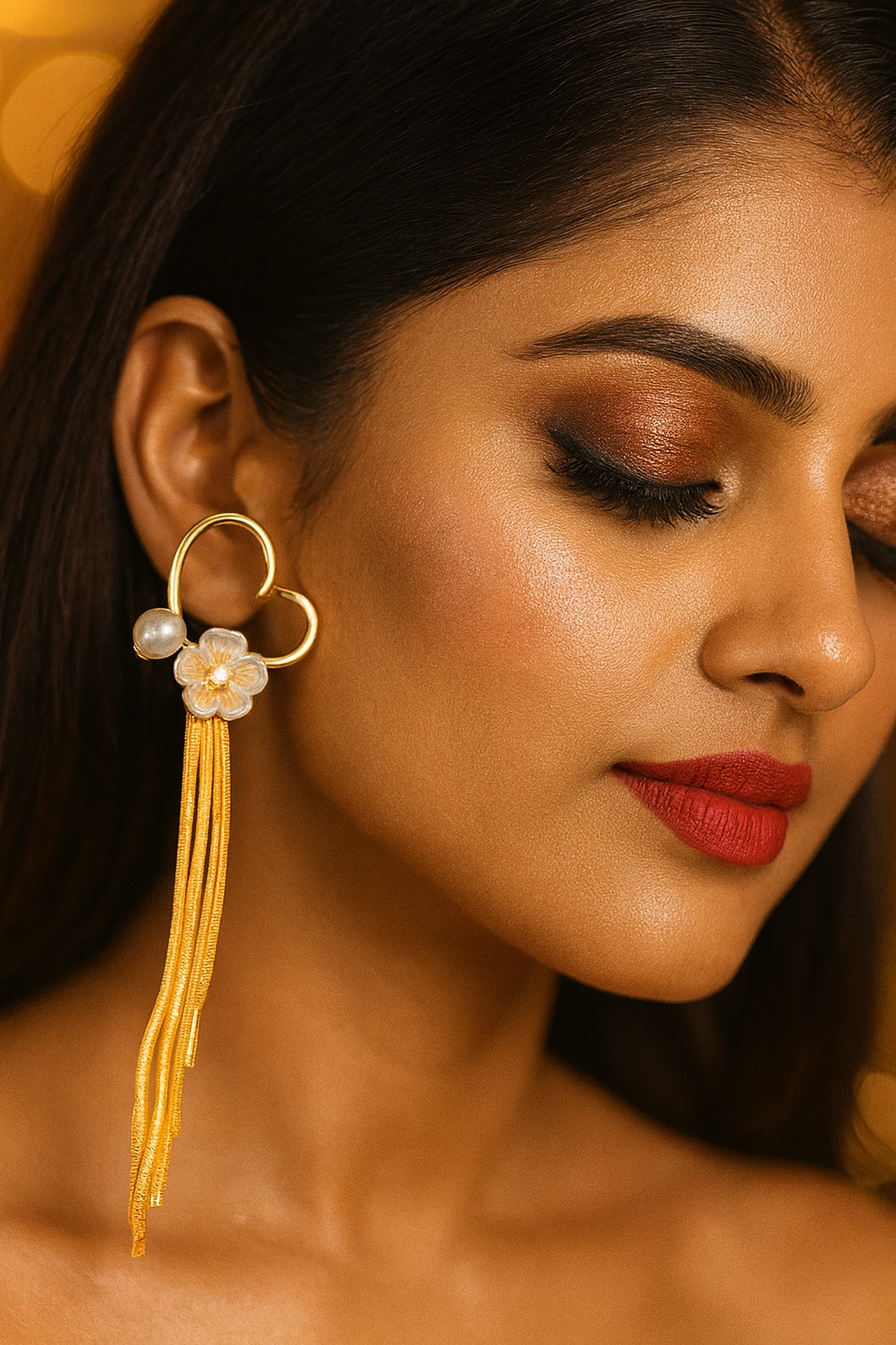 Heart Tassel Earrings with Floral Pearl Accents – Gold Anti-Tarnish