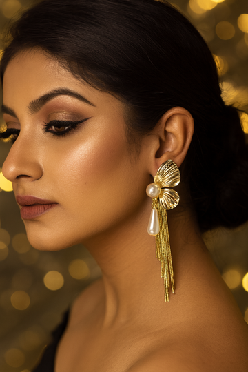 Floral Fan Pearl Dangle Earrings – Anti-Tarnish Gold