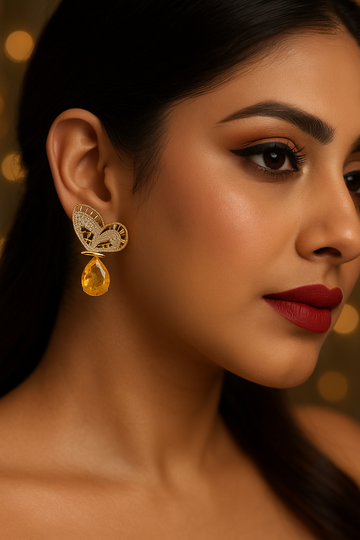 Yellow Butterfly Drop Earrings with CZ