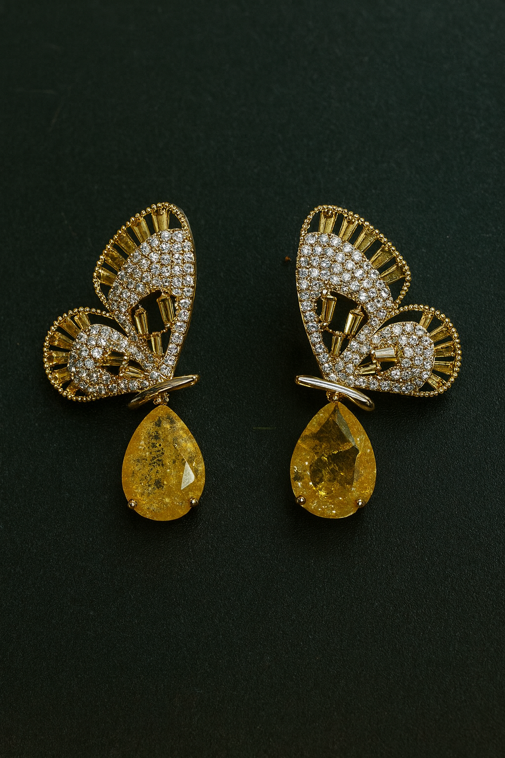 Yellow Butterfly Drop Earrings with CZ