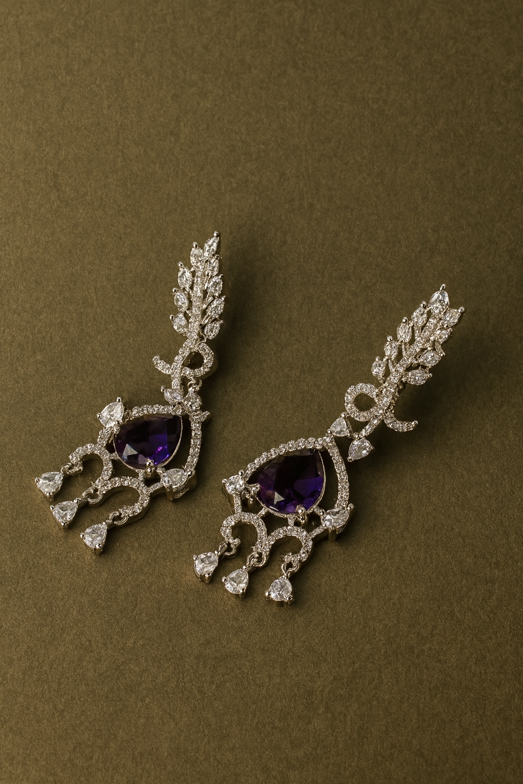 Vintage Scroll Drop Earrings with Purple Stones