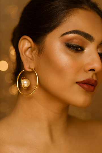 Modern Pearl Orbit Gold Hoop Earrings