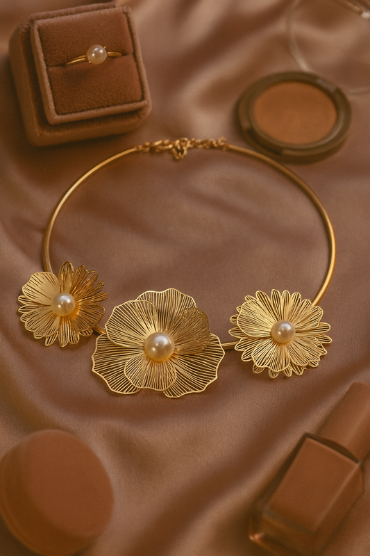 Floral Wire Pearl Embellished Open Collar Choker