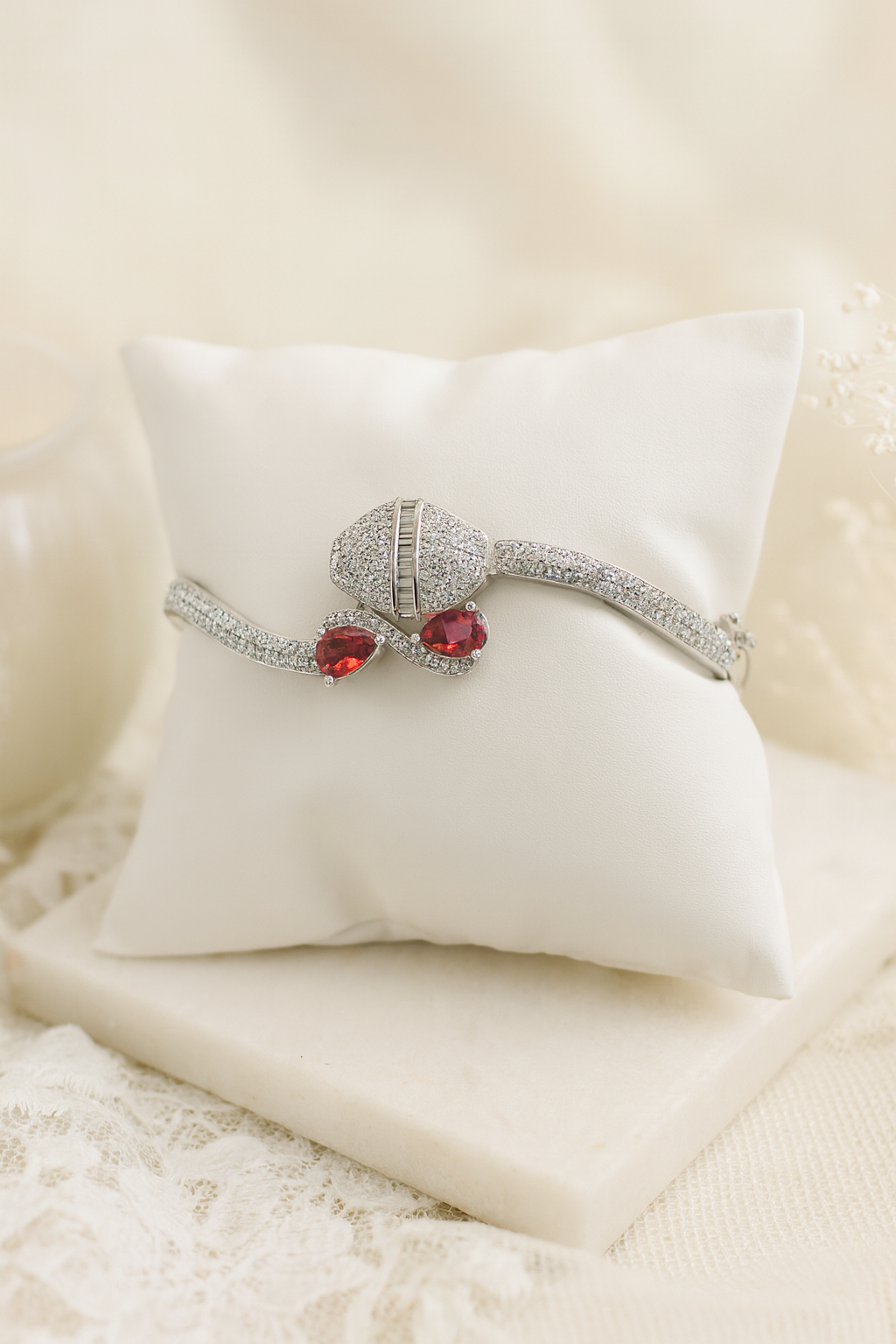 Silver Bracelet with Dual Pink Teardrop Stones