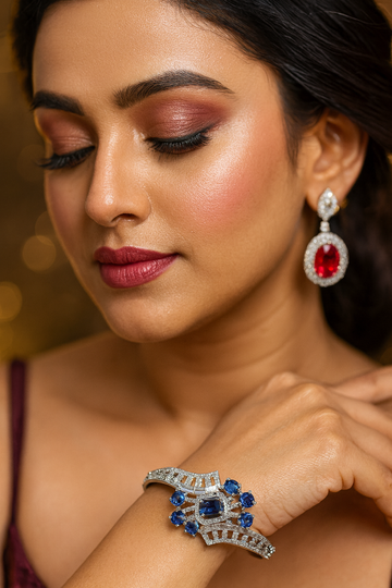Geometric Silver Bracelet with Purple Gem Accents