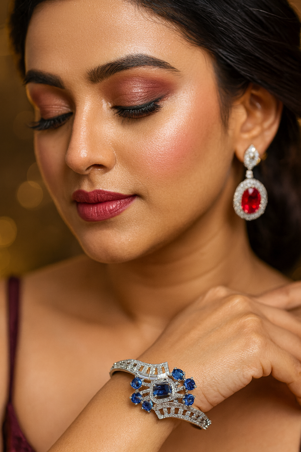 Geometric Silver Bracelet with Purple Gem Accents