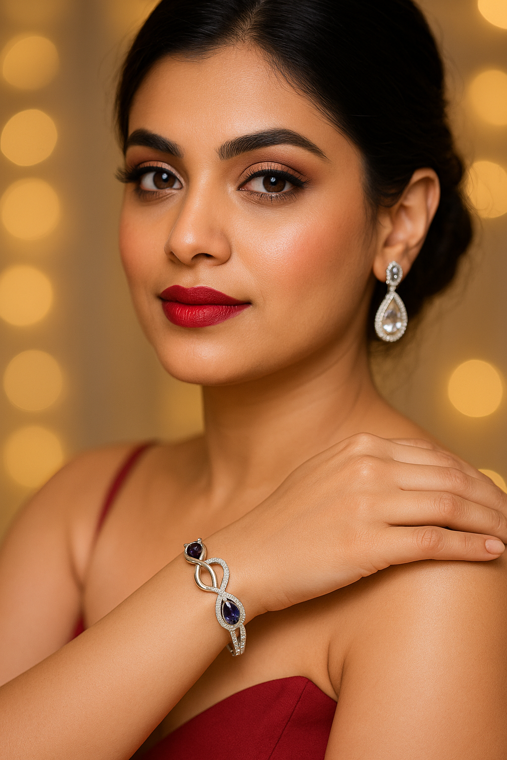 Infinity-Inspired Silver Bracelet with Dual Purple Stones