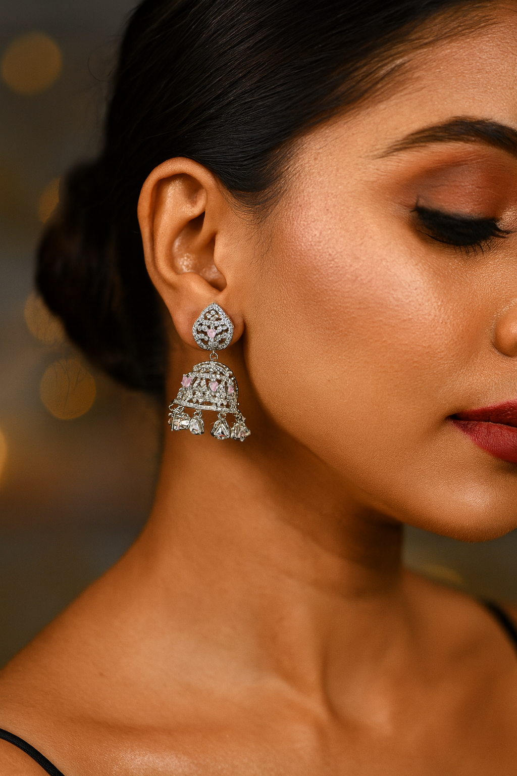 Purple CZ Drop Earrings – Floral Top Design for Special Events