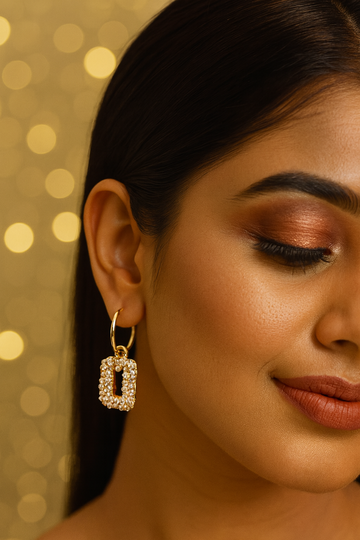 Pearl-Studded Rectangular Hoop Earrings in Gold Finish