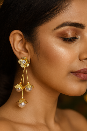Gold-Plated Floral Pearl Drop Earrings – Elegant Anti-Tarnish Fashion Jewelry