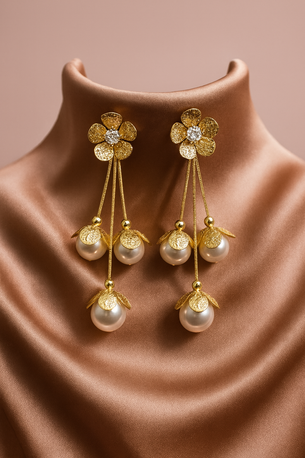 Gold-Plated Floral Pearl Drop Earrings – Elegant Anti-Tarnish Fashion Jewelry