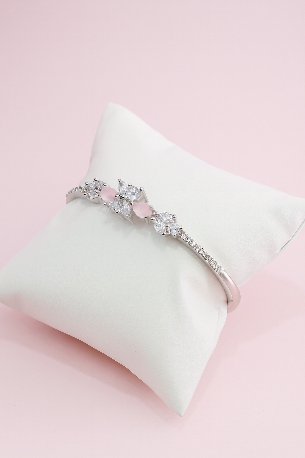 Floral Cluster Silver Bracelet with Pink Accents