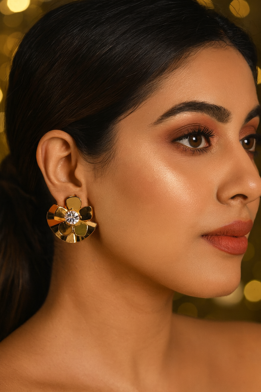 Gold Fan Petal Stud Earrings with Crystal Center – Designer Anti-Tarnish Finish