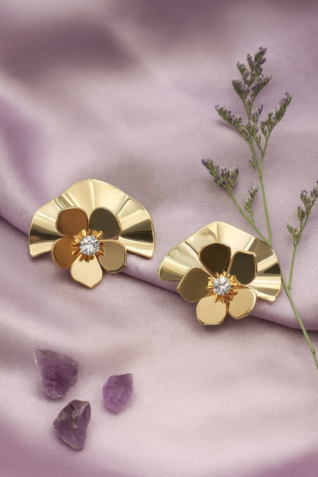 Gold Fan Petal Stud Earrings with Crystal Center – Designer Anti-Tarnish Finish