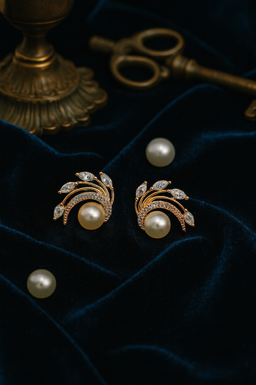 Rose Gold Curved Leaf Pearl Stud Earrings
