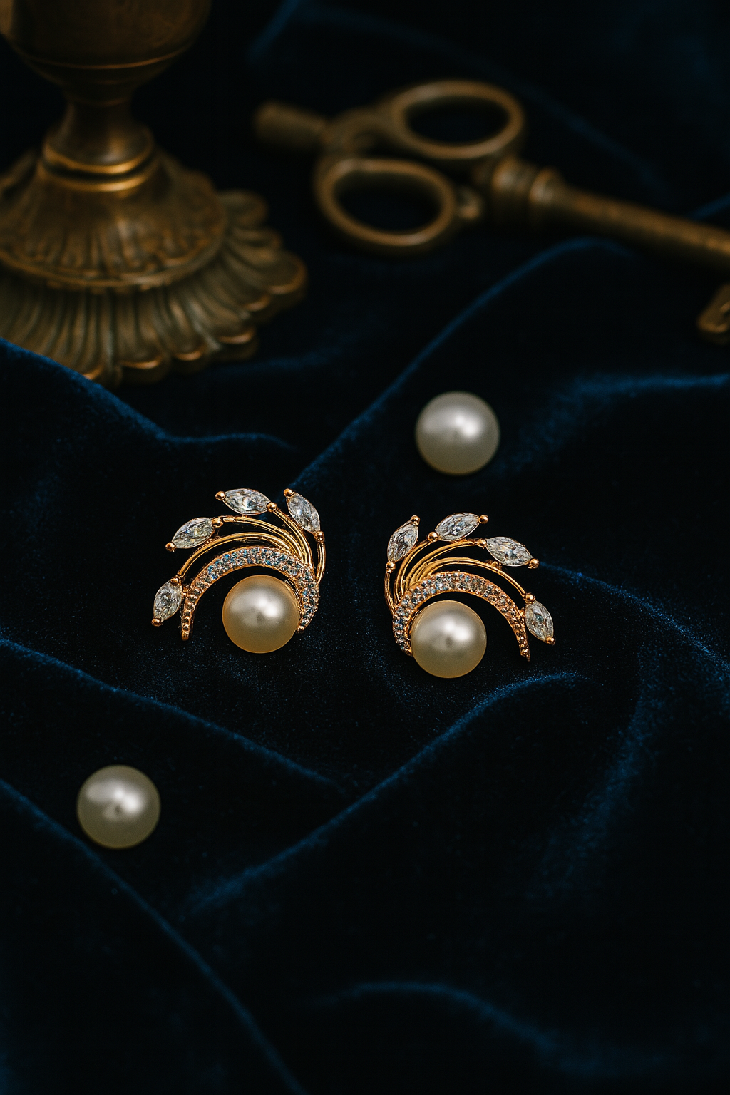 Rose Gold Curved Leaf Pearl Stud Earrings