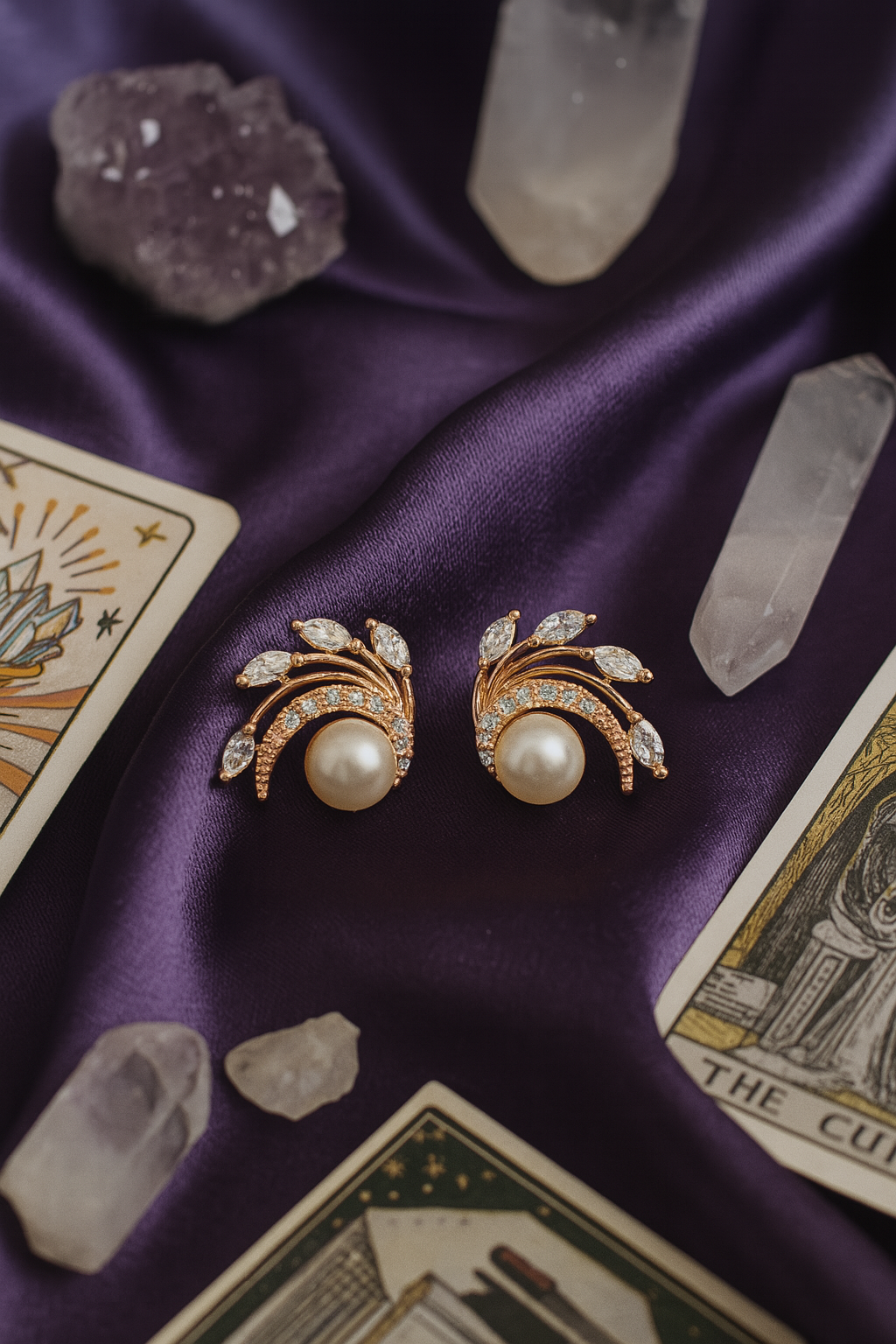 Rose Gold Curved Leaf Pearl Stud Earrings