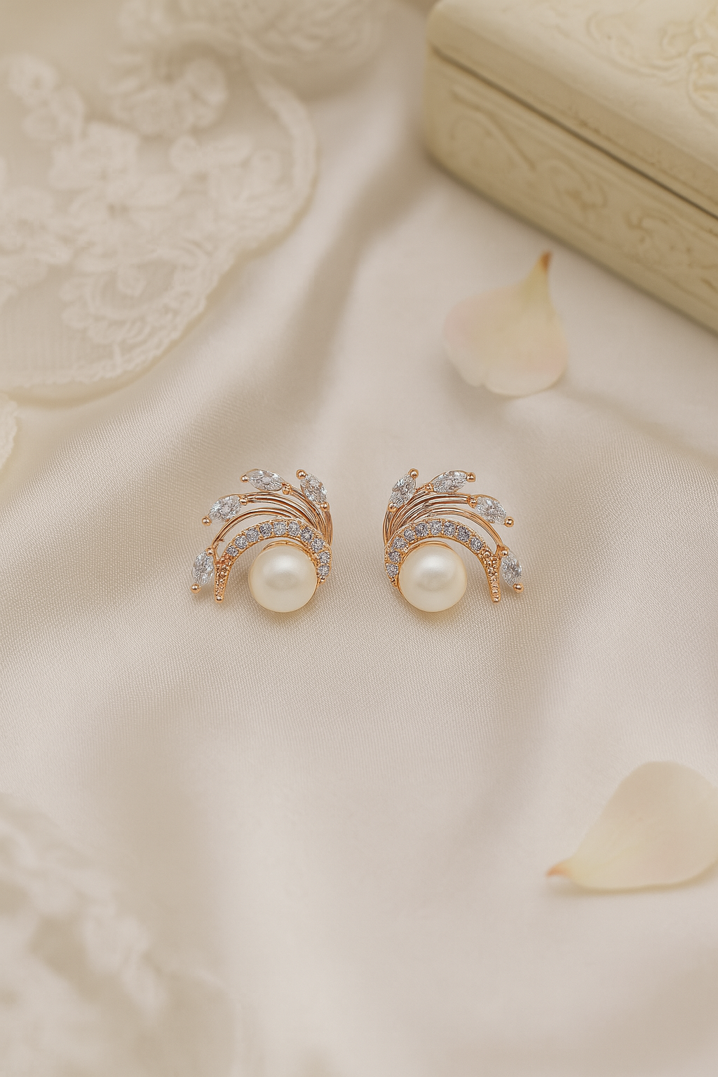 Rose Gold Curved Leaf Pearl Stud Earrings