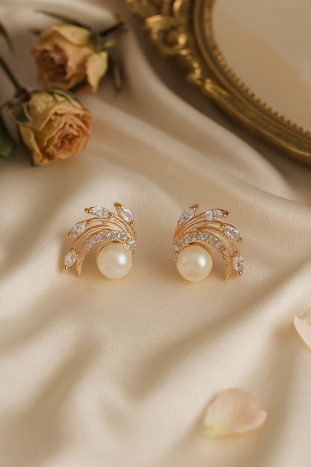 Rose Gold Curved Leaf Pearl Stud Earrings
