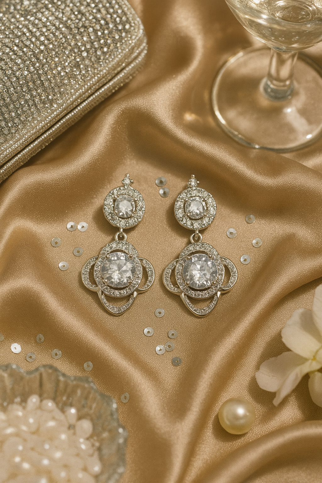 Elegant Silver Floral Drop Earrings with White CZ Stones