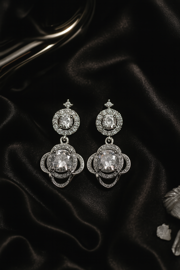 Elegant Silver Floral Drop Earrings with White CZ Stones