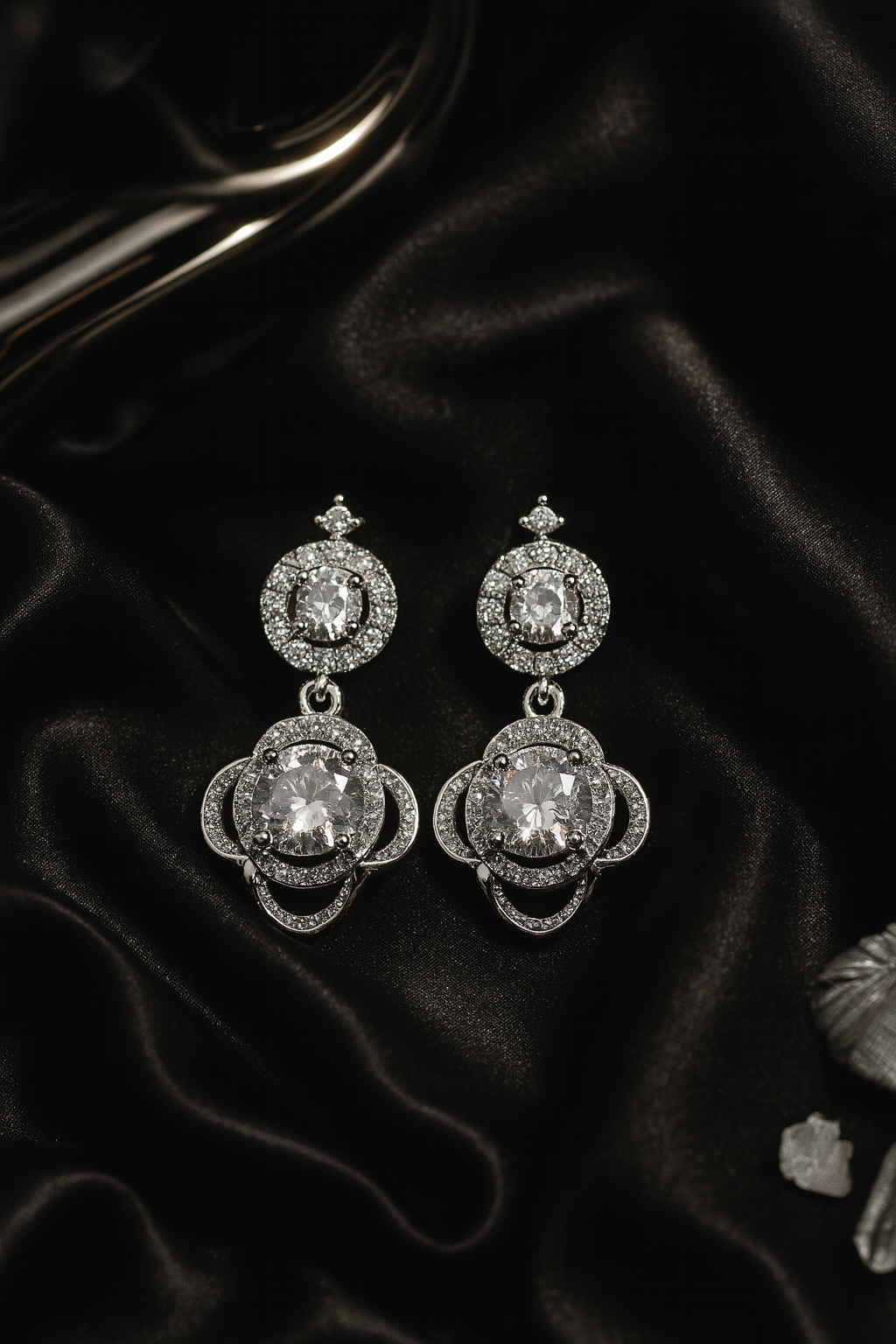 Elegant Silver Floral Drop Earrings with White CZ Stones