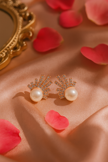 Rose Gold Fan Design Pearl Stud Earrings