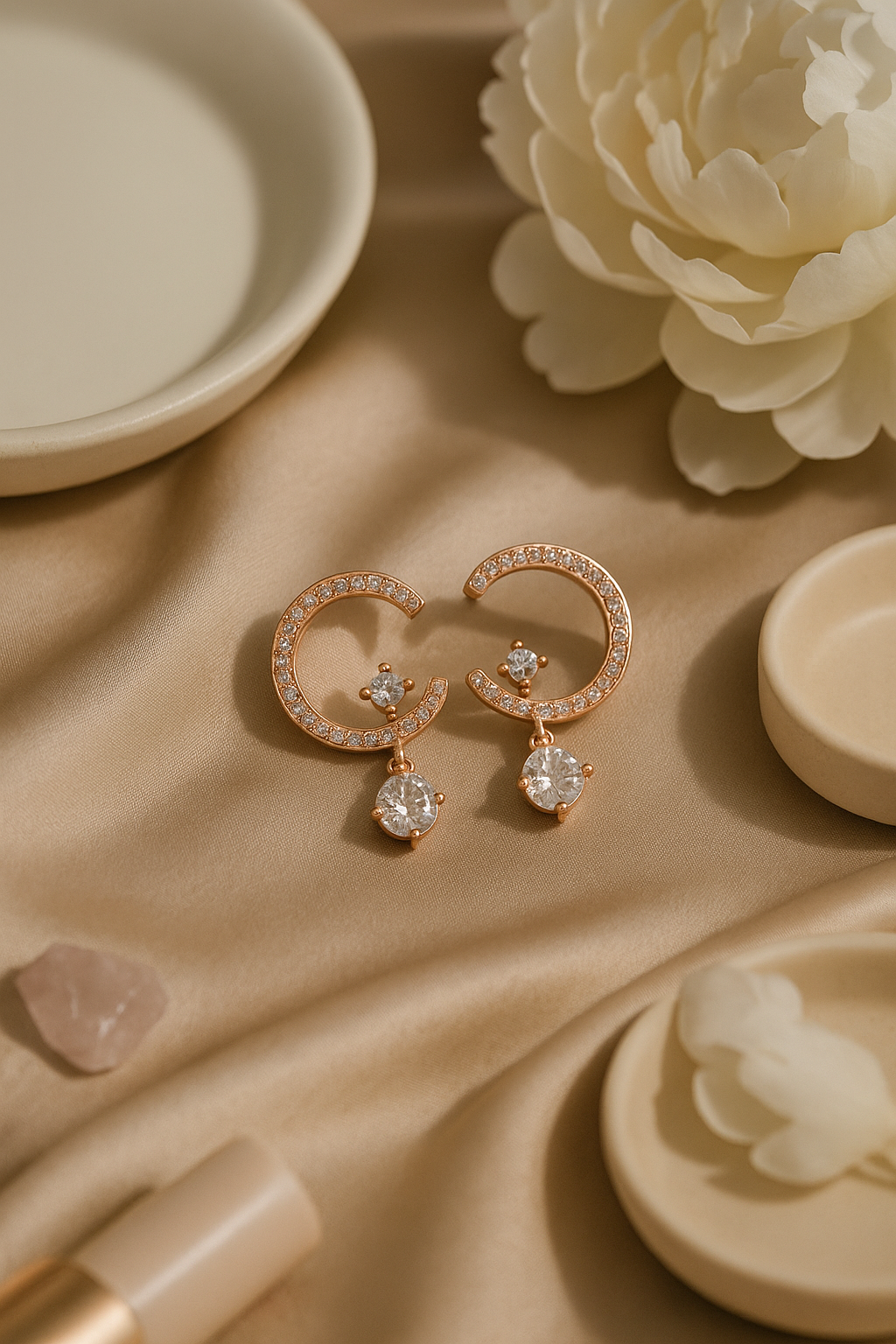 Rose Gold Half Hoop Earrings with CZ Dangling Drops