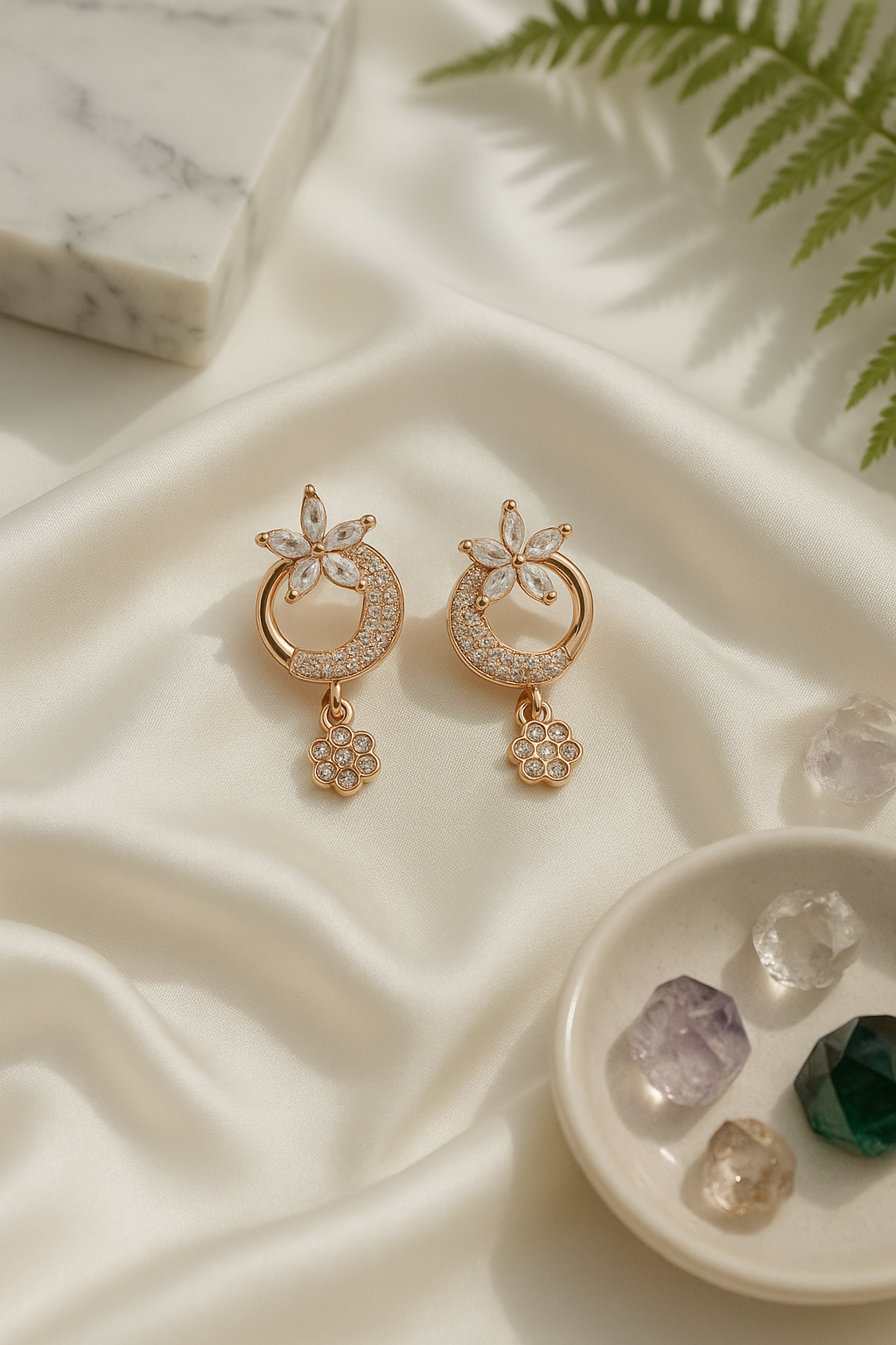 Floral Crescent Earrings with Hanging Flower