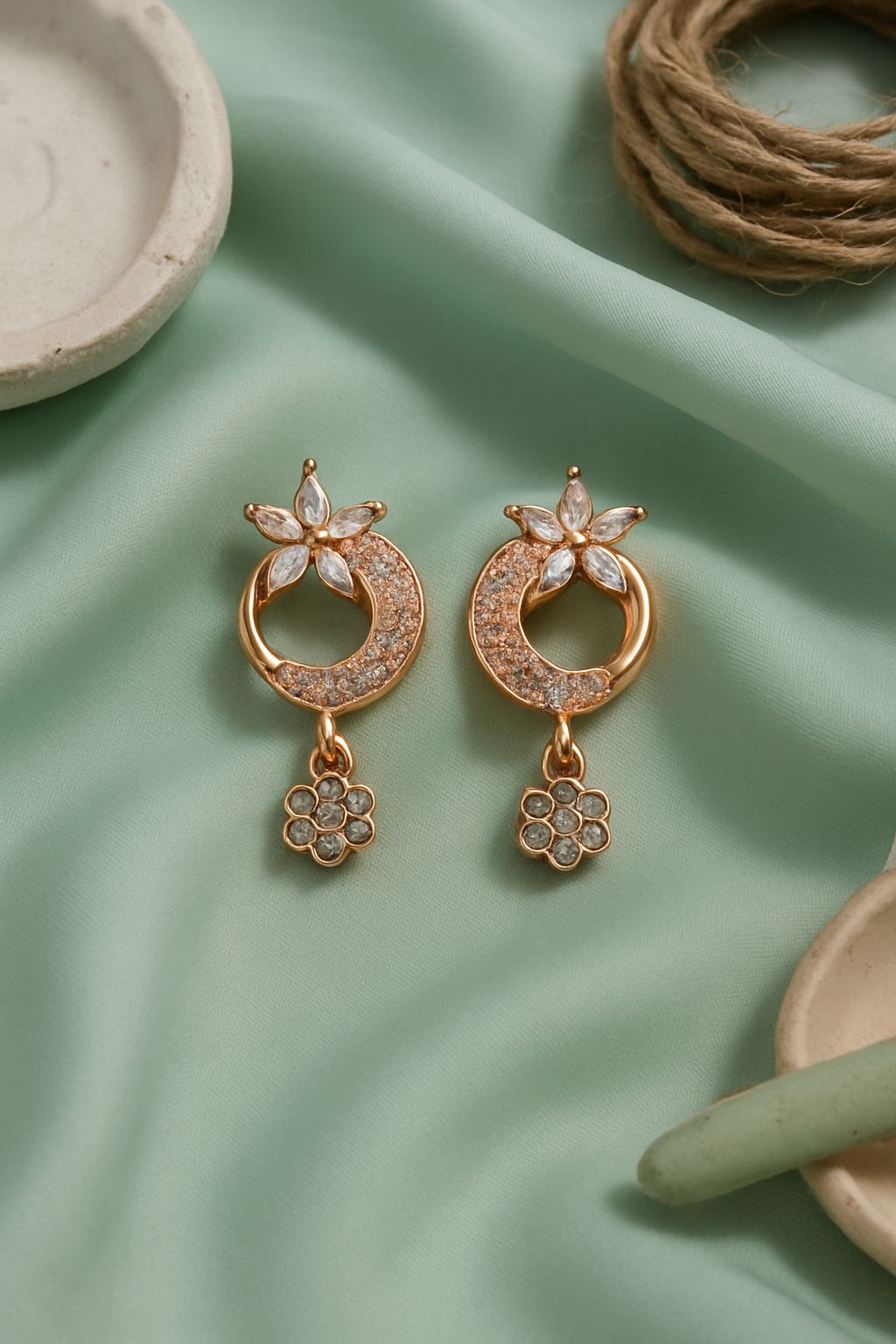 Floral Crescent Earrings with Hanging Flower