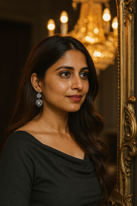 Elegant Silver Floral Drop Earrings with White CZ Stones