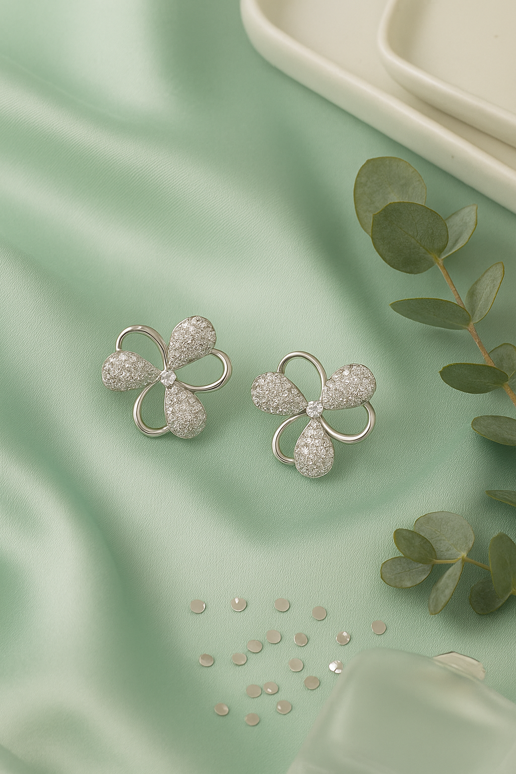 Silver Floral Stud Earrings with Micro CZ Embellishments