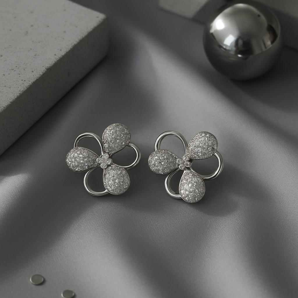 Silver Floral Stud Earrings with Micro CZ Embellishments