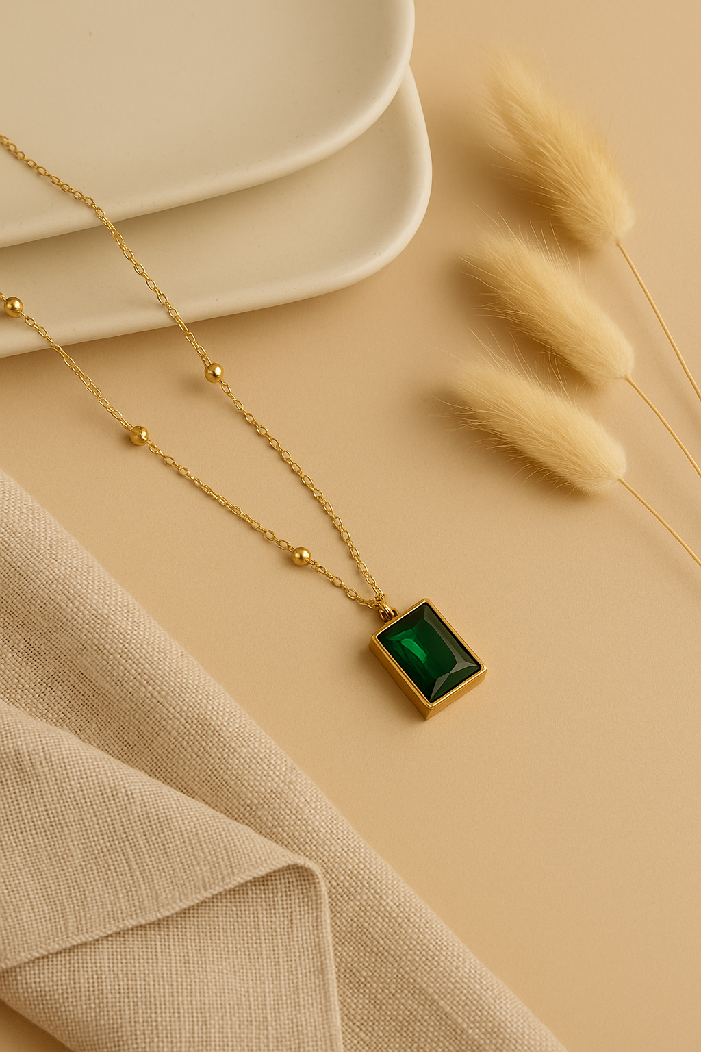 Emerald Green Rectangle Pendant with Gold Bead Chain