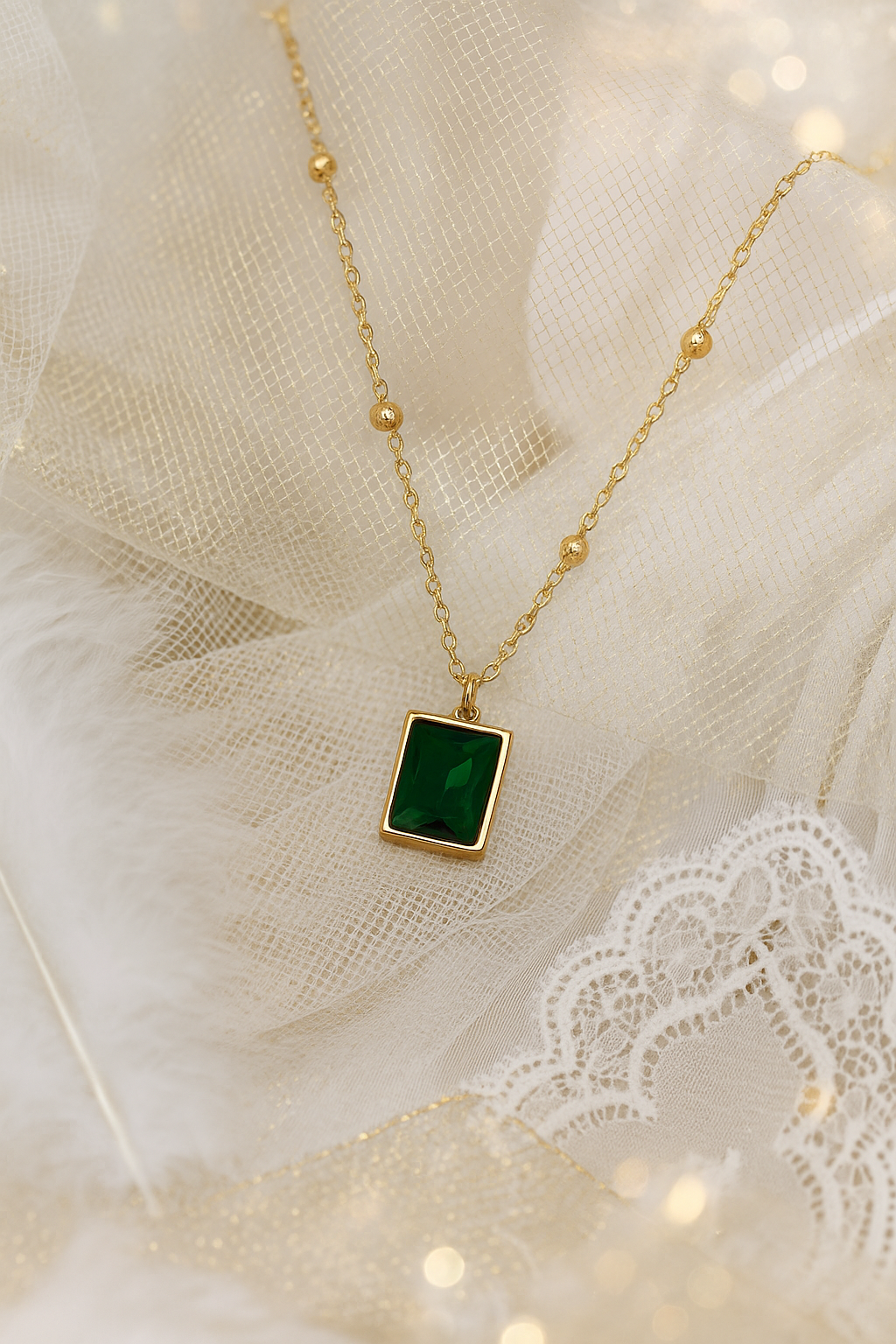 Emerald Green Rectangle Pendant with Gold Bead Chain