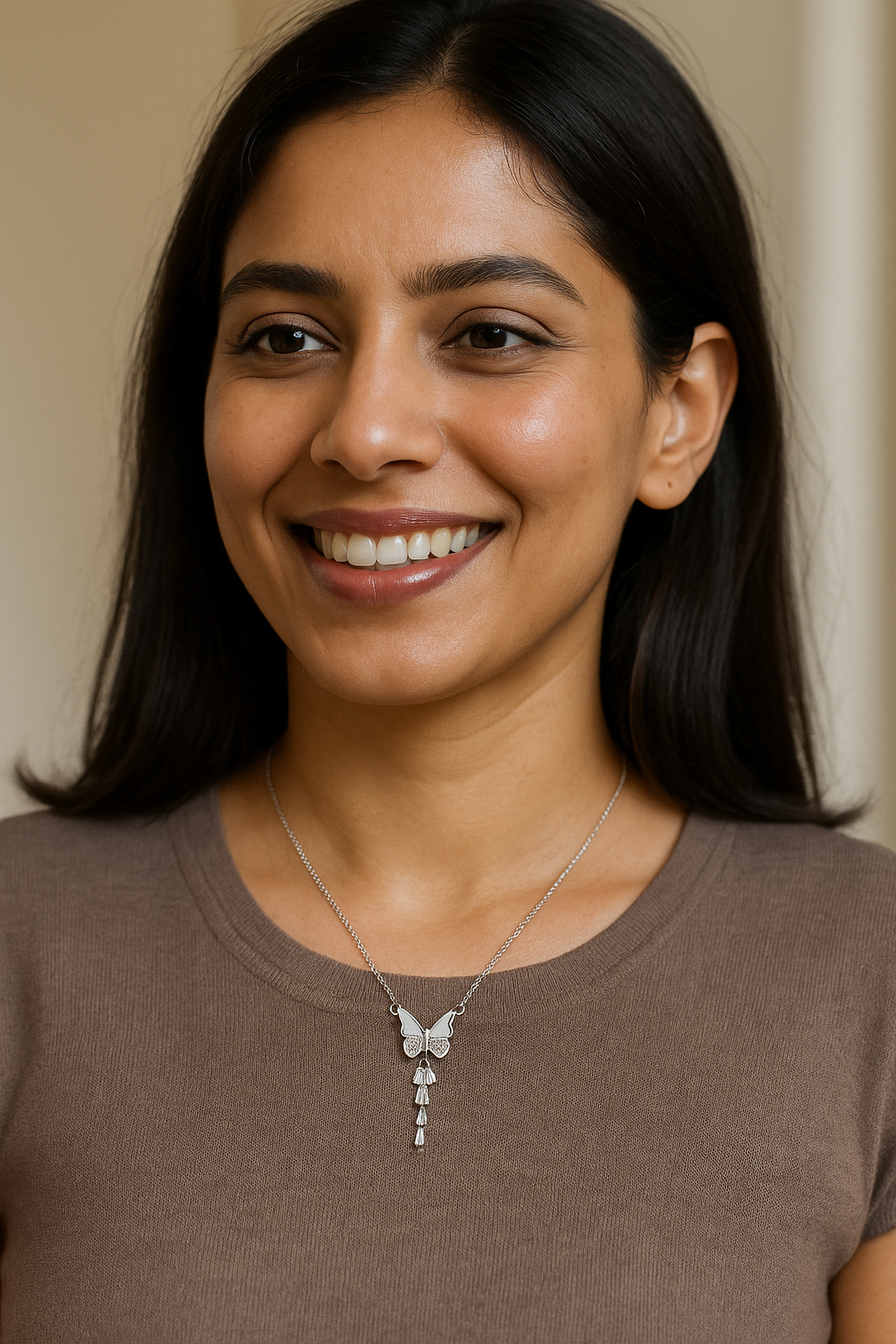 Silver butterfly with crystal wings and a drop charm